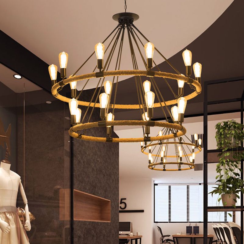 2-Tier Ring Rope Hanging Chandelier Industrial 18 Lights Restaurant Ceiling Pendant Lamp in Beige