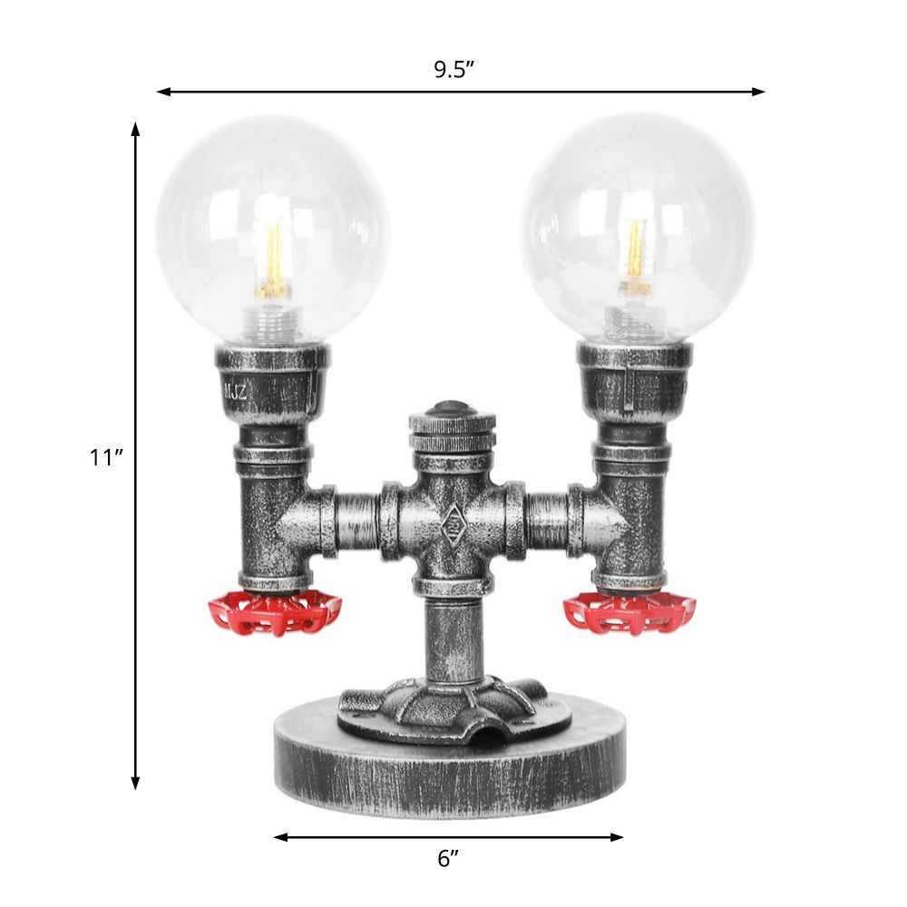 Industrial Round Shade Table Lamp 2 Lights Clear/Amber Glass Desk Light in Antique Silver with Base