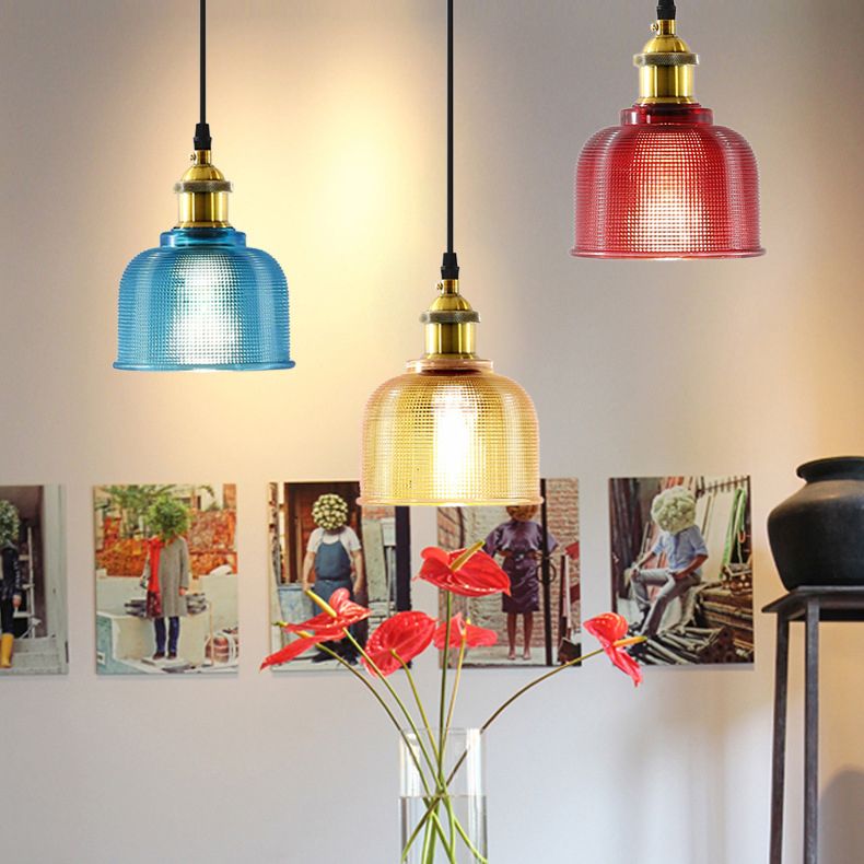 1 Light Pendant Lamp Vintage Industrial Bell Ribbed  Glass Hanging Lamp for Dining Room Table