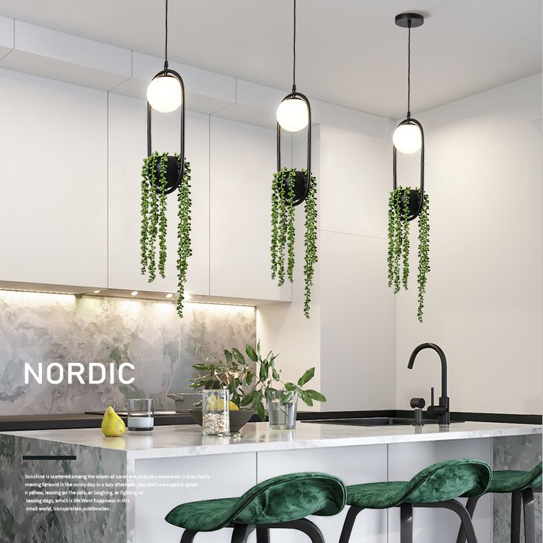 Black 1 clair pendentif sphérique léger nordique rétro rétro ovale métallique ombre lampe suspendue avec plante verte