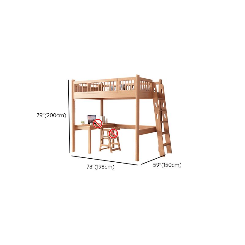 Contemporary Natural Loft Bed with Guardrail and Mattress in Solid Wood