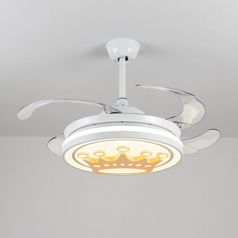 4-blade metallic kroon semi-flush light cartoon led witte hangende ventilatorlamp, 42,5 "breedte