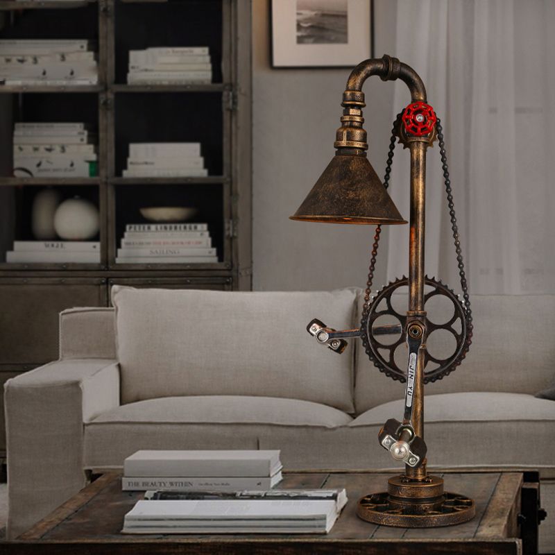 Steampunk Conical Table Lighting with Bicycle Design 1 Bulb Wrought Iron Table Lamp in Brass for Living Room