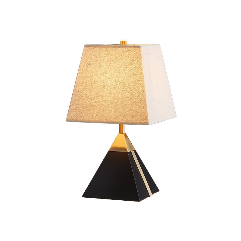 Modern Trapezoid Night Table Light Fabric 1 Light Bedroom Night Lamp in White/Flaxen with Black Pyramid Base