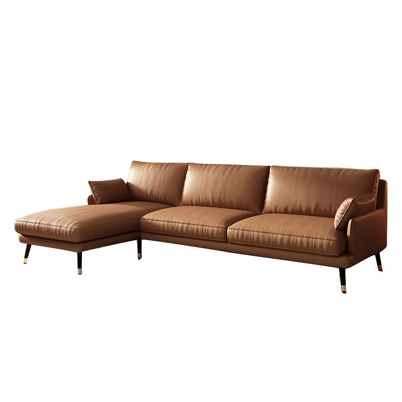 Mid-Century Modern Brown Leather Sectional Recessed Arm Sofa with Pillows