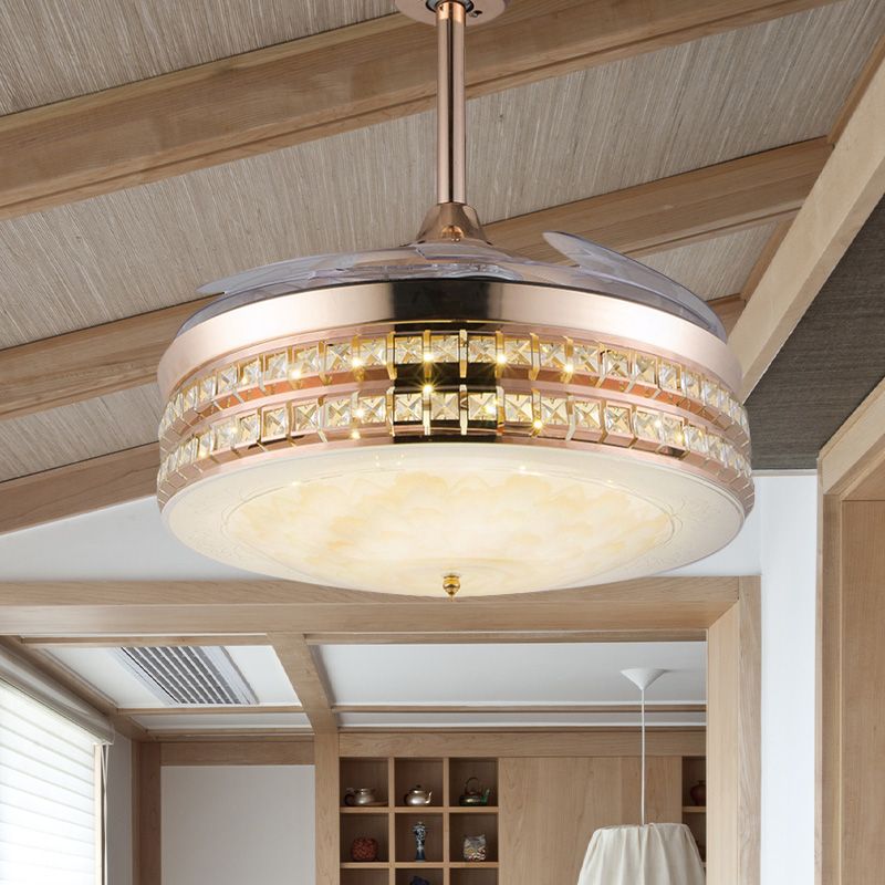 3 Blades LED Flush Mount Ceiling Fan Simple Bedroom Semi Flush with Drum Crystal Inlaid Shade in Gold, 42.5" Width