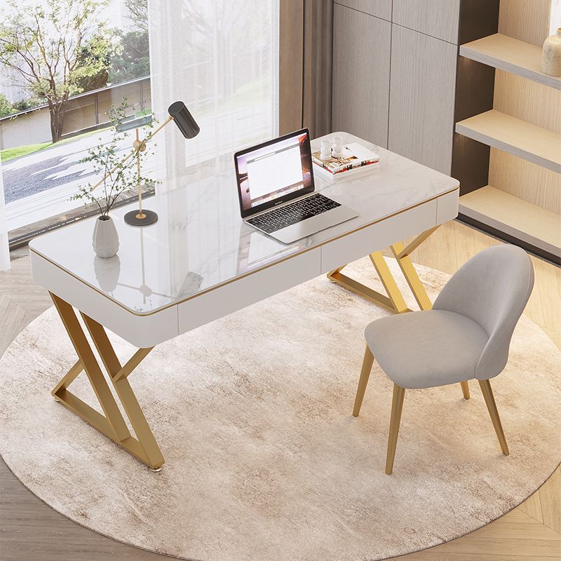 Glam Sintered Stone Office Desk 29.52 H White Writing Desk for Home