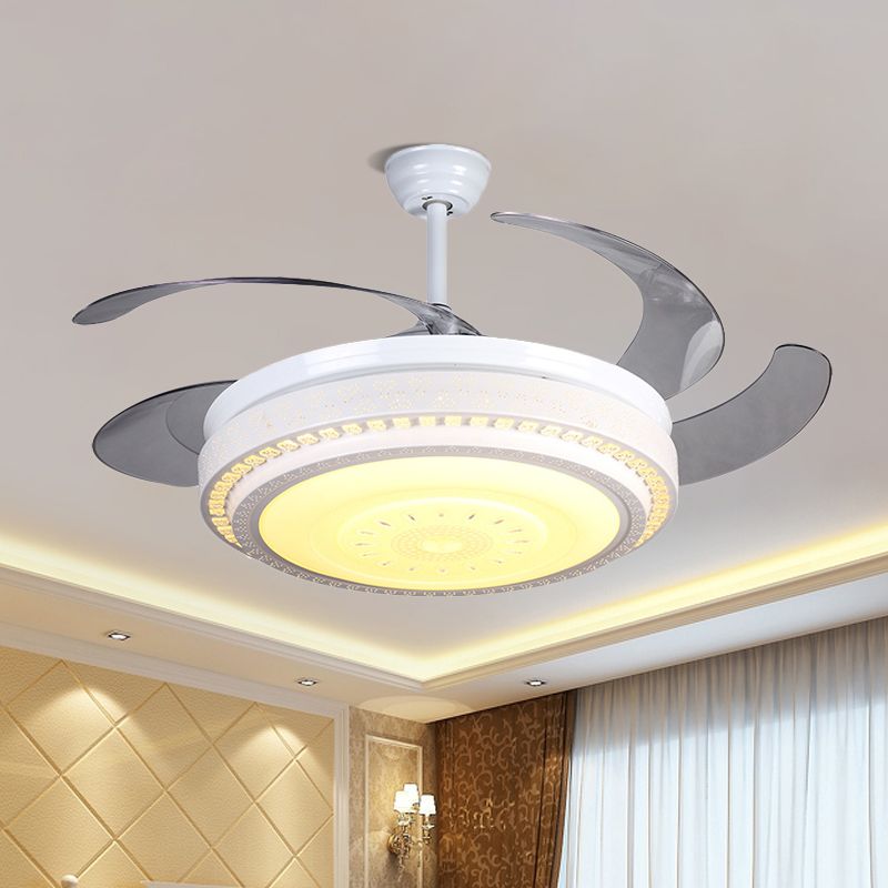 4 Blades White LED Ceiling Fan Light Modern Faceted Crystals Circular Semi Flushmount, 52" Wide