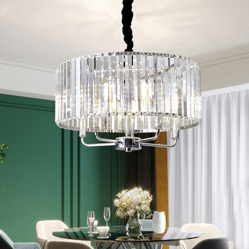 Tri-Sided Glass Rod Drum Ceiling Light Modern 4 Lights Chrome Ceiling Light, 19.5"/23.5" Wide