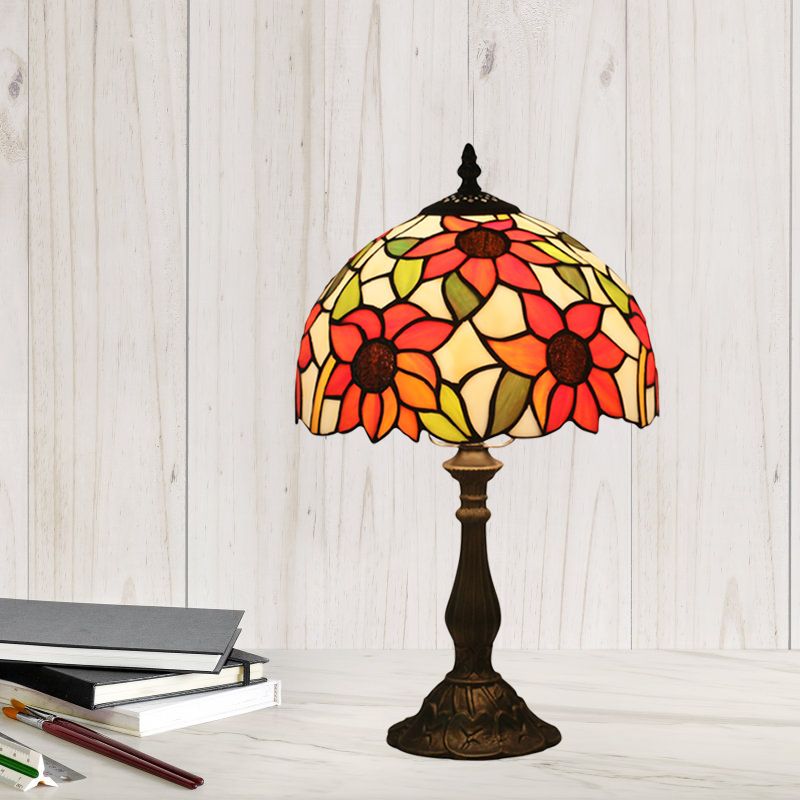 1-Head Bedside Nightstand Lighting Victorian Bronze Sunflower Patterned Night Light with Bowl Cut Glass Shade