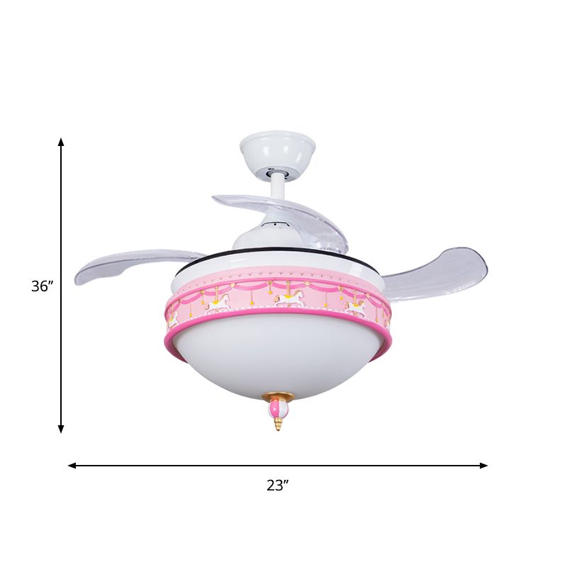 39 "W Dome Slaapkamer Semi Flush Light Metallic LED Cartoon Hangventilator Lamp in roze, 3-blade