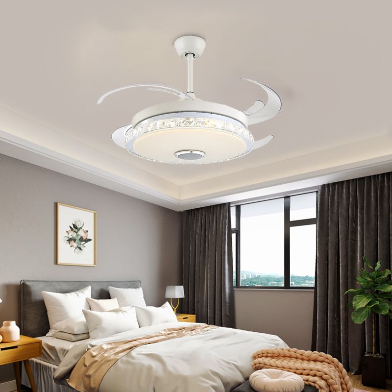 Minimalist Round LED Ceiling Fan Prismatic Crystal White Semi Flush Light for Bedroom