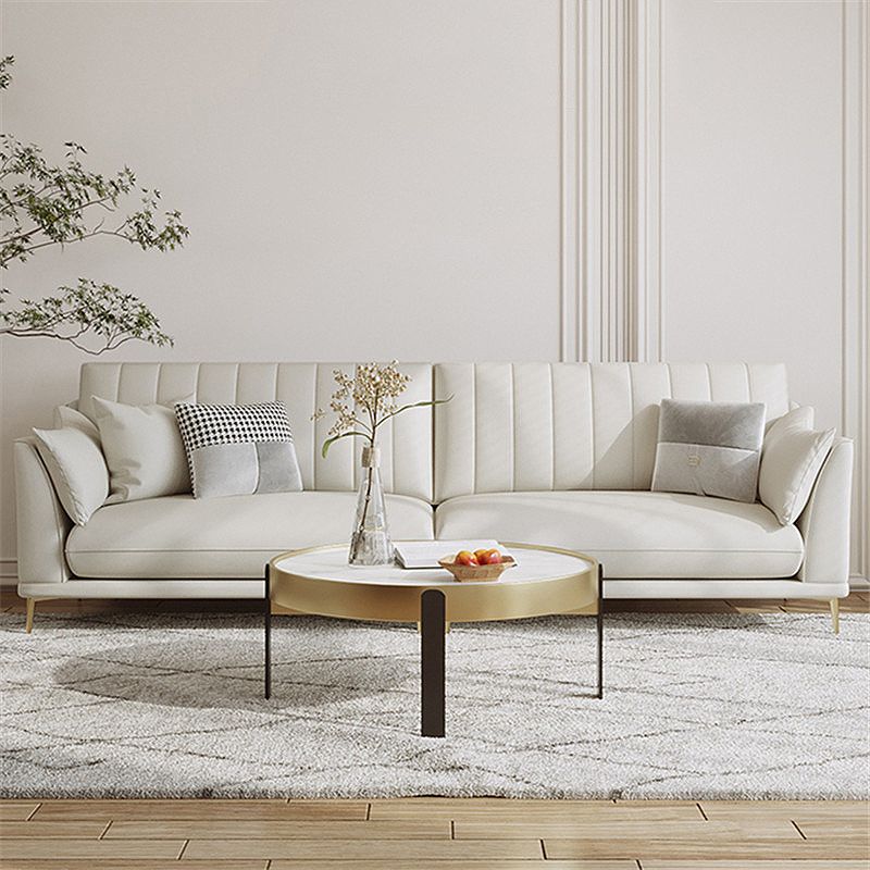 Scandinavian Upholstered Faux Leather Sofa Beige Sewn Pillow Back Couch