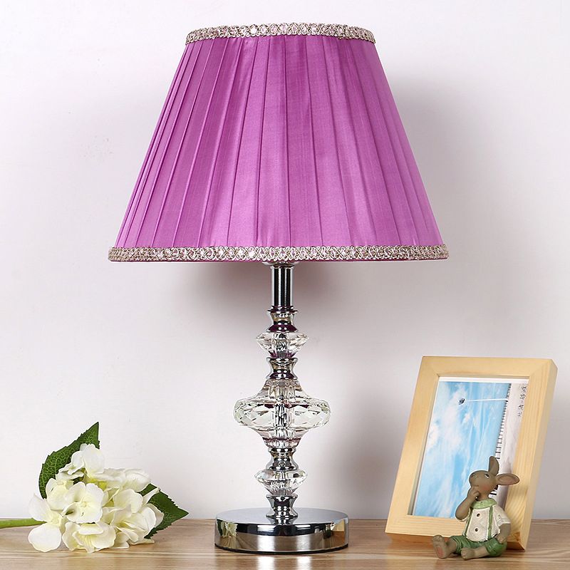 Conical Fabric Night Table Light Lodge Single Bulb Bedroom Nightstand Lamp in Purple with Crystal Accent