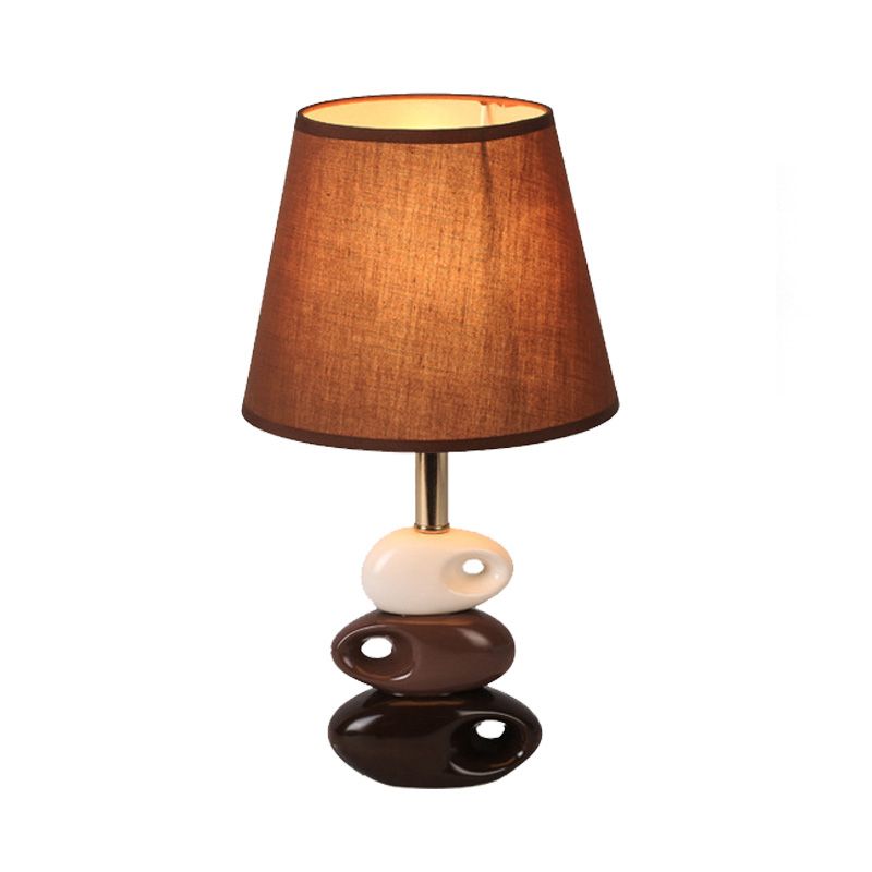 Coffee Barrel Night Table Light Modern 1 Bulb Fabric Nightstand Lamp with Stone Ceramics Base