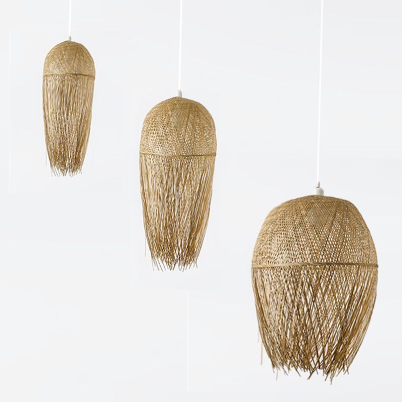 Beige Hand-Worked Pendant Chinese Style 1 Bulb Bamboo Hanging Light for Dining Table