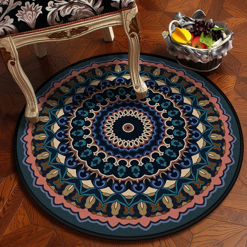 Round Multicolor Antique Area Carpet Polyester Floral Printing Rug Easy Care Carpet for Living Room