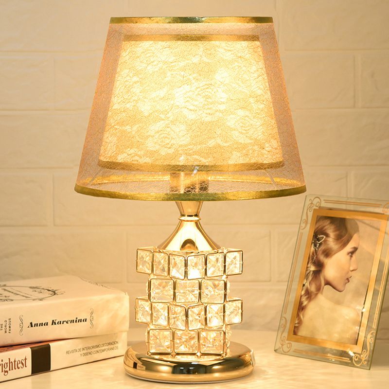 1 Head Rose Printed Fabric Table Lamp Vintage Romantic Red/Gold Dual Cone Shade Night Light with Cube Crystal Base