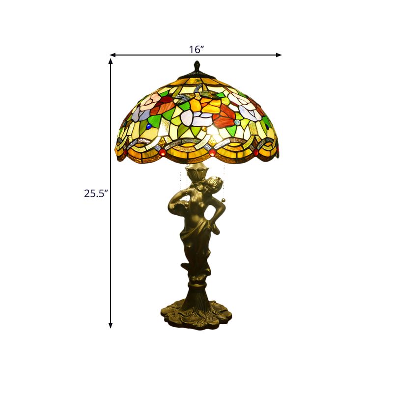 3 Heads Bell/Scalloped Night Lighting Baroque Gold Stained Glass Flower Patterned Task Lamp with Resin Naked Woman