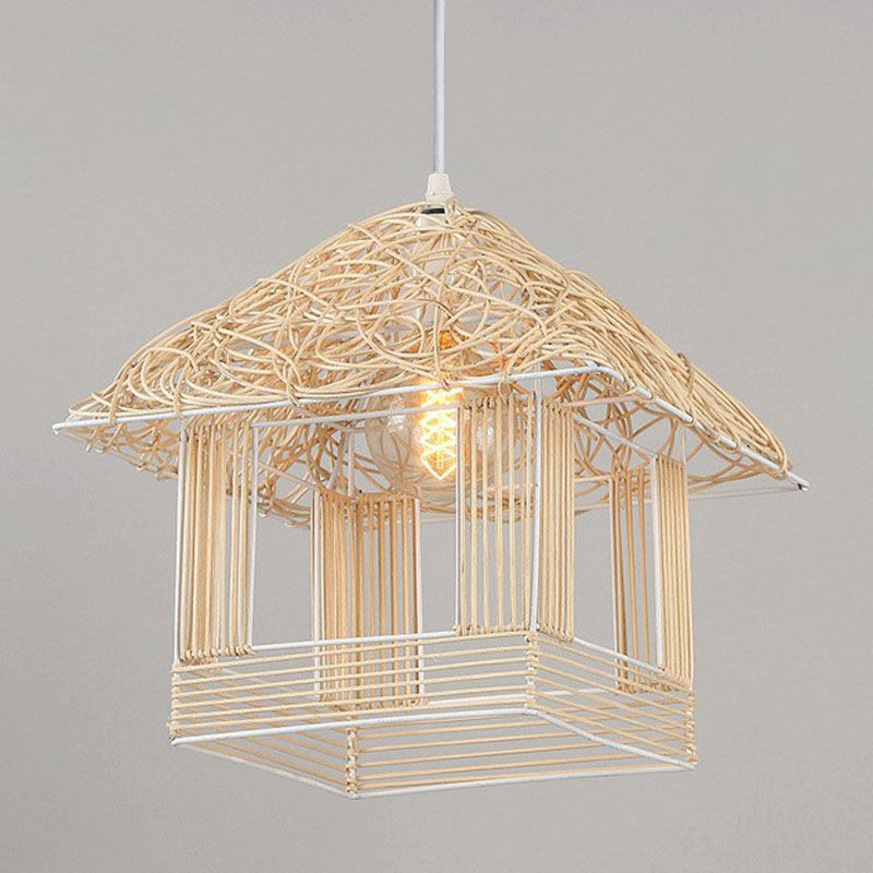 House Shaped Tea Room Pendant Light Bamboo Single-Bulb Contemporary Suspension Light Fixture