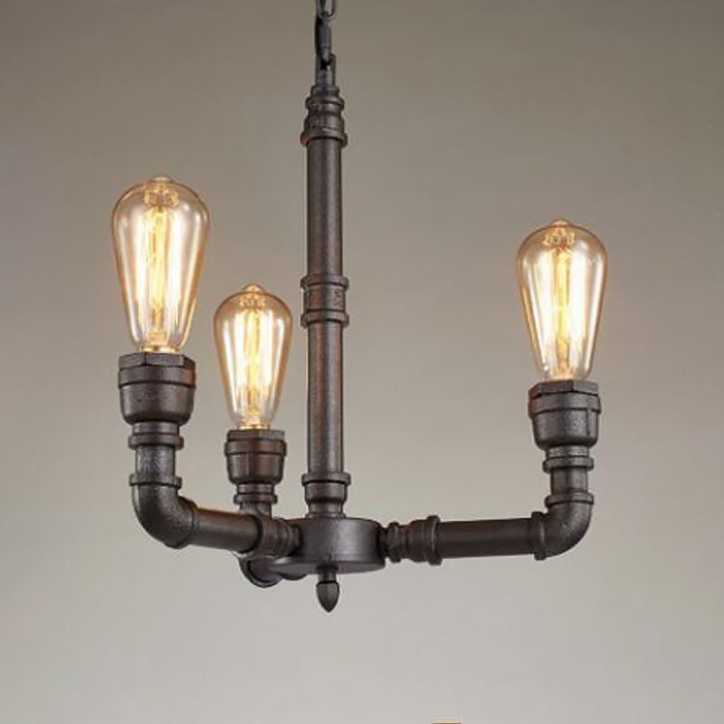 Metal Black Chandelier Lamp Piping 3/6 Bulbs Steampunk Up Pendant Ceiling Light for Bistro