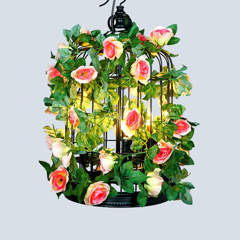 Single-Bulb Pendant Light Antique Cage Iron Hanging Light Fixture with Decorative Plant