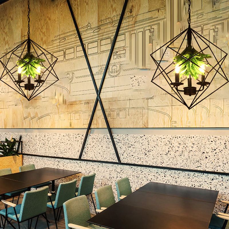 Rhombus Käfig Metall Kronleuchter rustikal 3 Lichter Restaurant Hanging Hubmittel Licht in Schwarz mit grünem Blatt -Deko