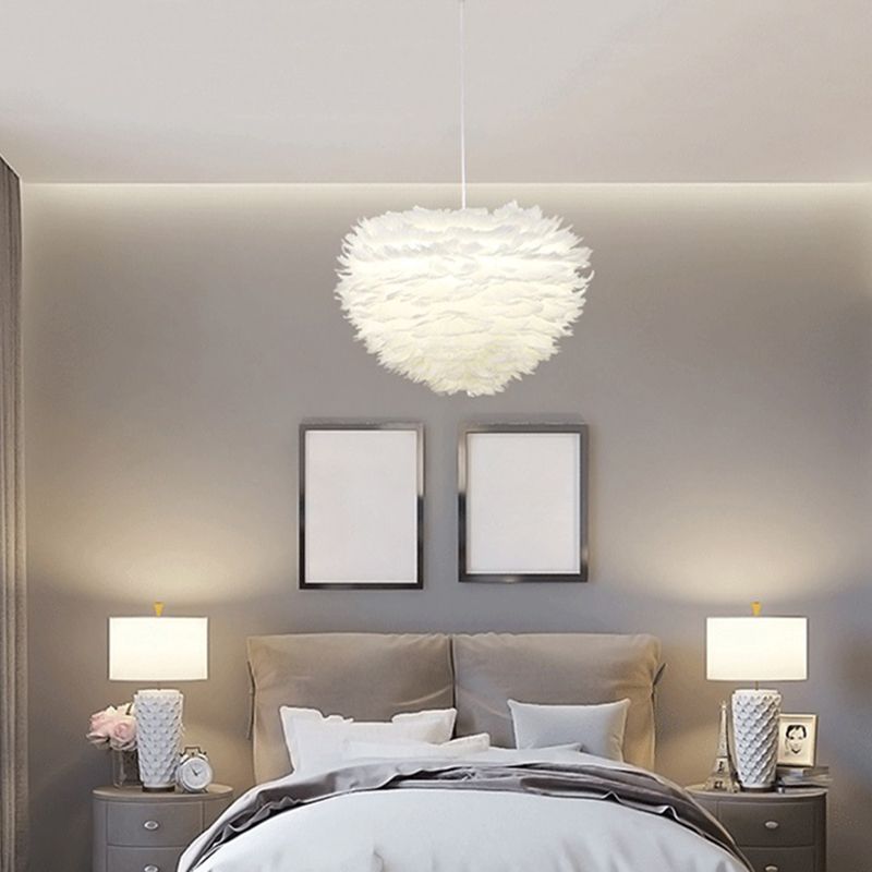 White Feather Pendant Light in Modern Luxury Style Wrought Iron Sphere Chandelier for Bedroom