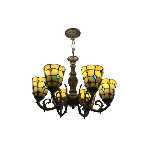 6 Bulbs Bell Hanging Light with Bead Tiffany Vintage Glass Chandelier in Yellow for Study Room