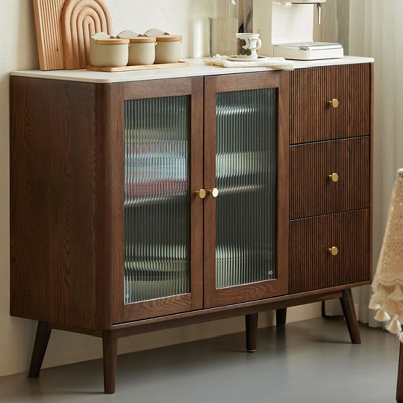 Cherry Wood Sideboard Modern Stone Top with Glass Door in Espresso