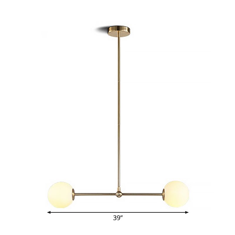 Minimalist Bar Shaped Pendant Light Metallic 2 Lights Postmodern Chandelier in Gold with Orb White Glass Shade