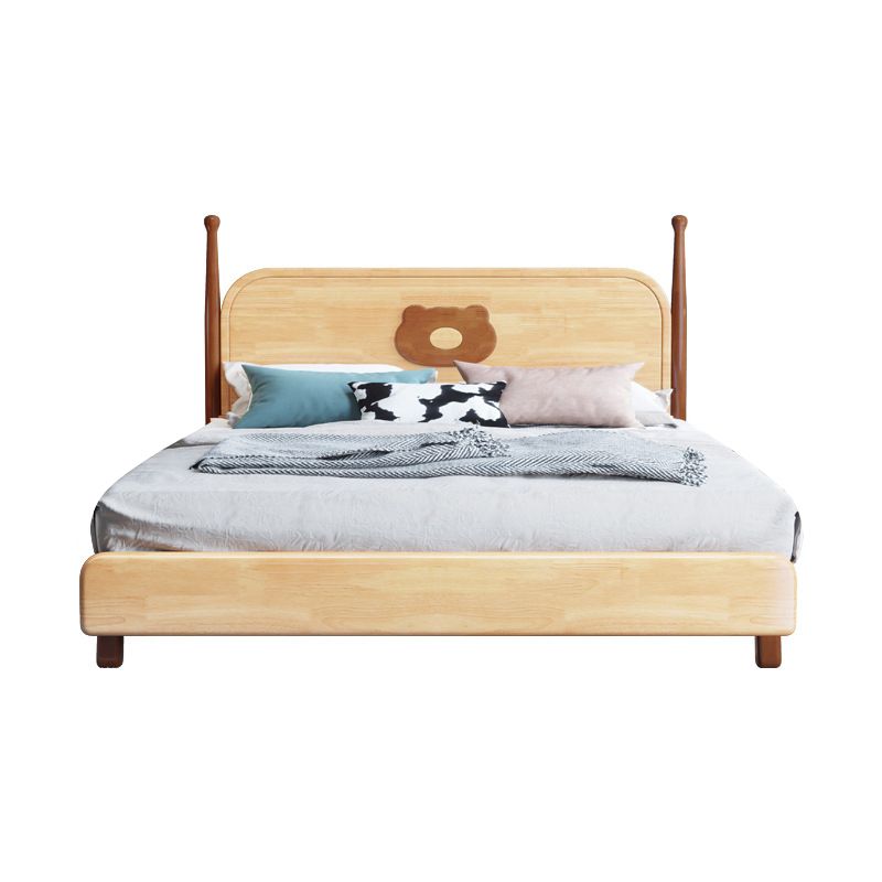 Solid Wood Platform Bed Brown Rubberwood Kids Bed with Headboard