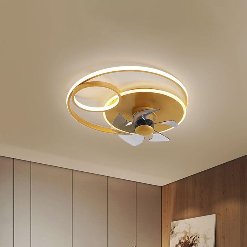 Aluminum Ring Fan Light Fixture Modern LED Gold Semi Flush with 5 Blades for Bedroom, 18" Width