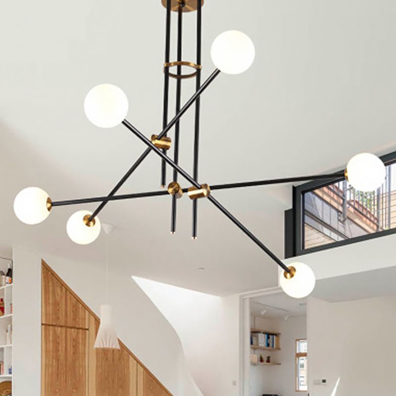 Black 3-Arm Chandelier Light Postmodern 6 Bulbs Metal Ceiling Pendant with Ball Milky Glass Shade