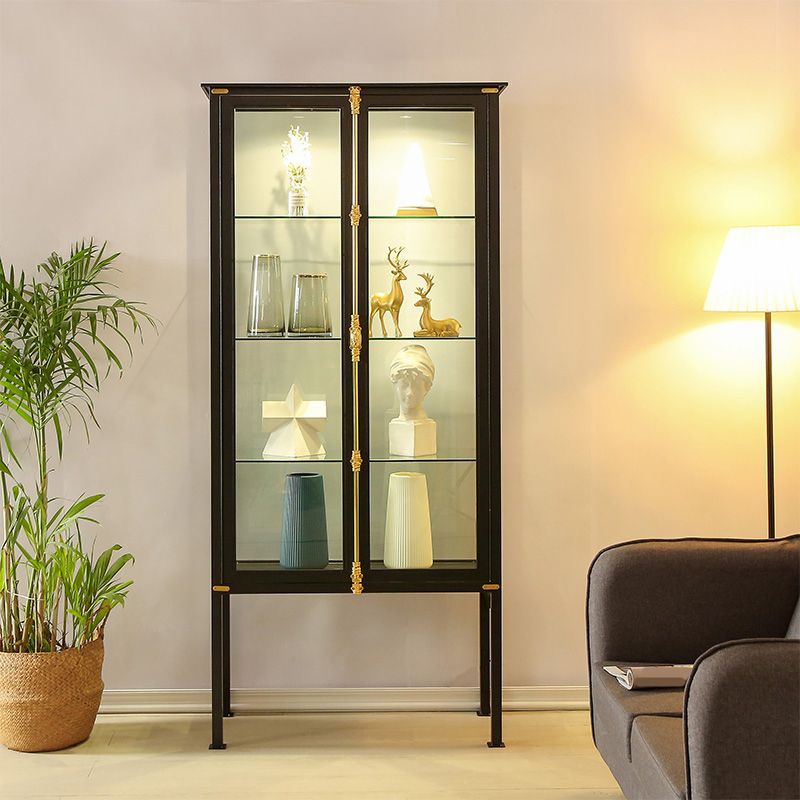 Contemporary Metal Curio Cabinet Glass Doors Hutch Cabinet with Lighting