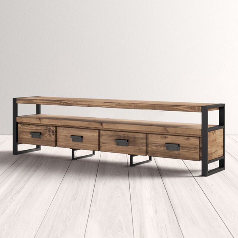 Brown Media Console with Shelves Industrial Pine Wood Top TV Media Stand