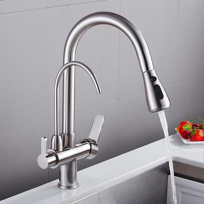 1 Hole Kitchen Faucets Metal Pulldown Sprayer Kitchen Faucet with Double Handles