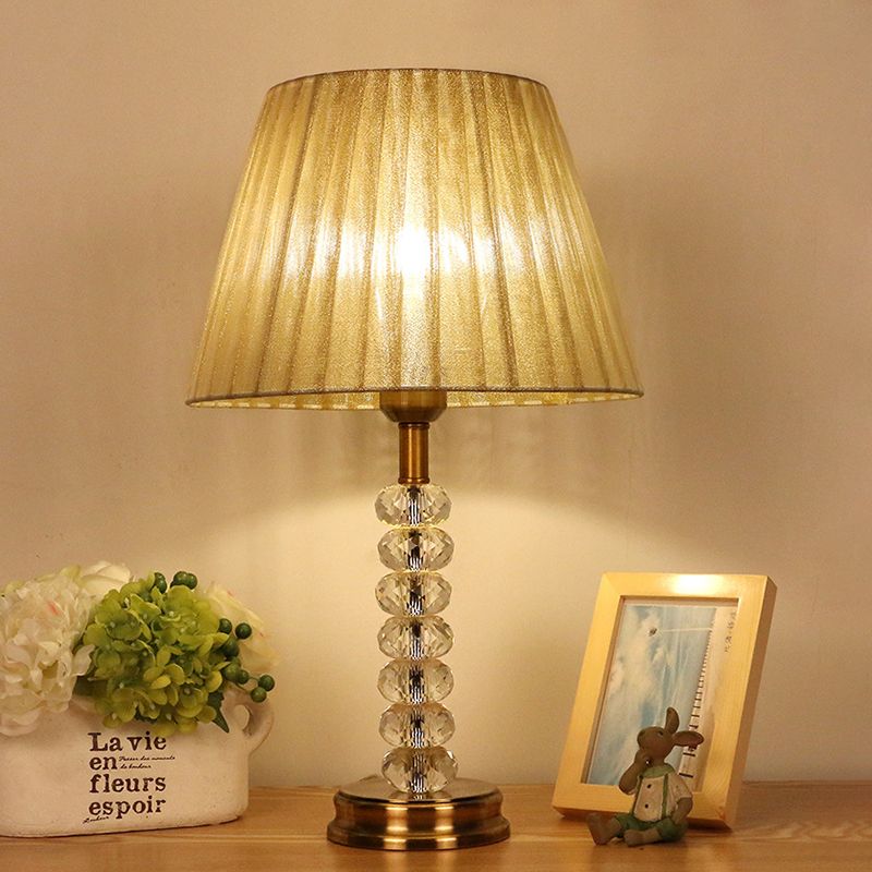 Beige Pleated Lampshade Table Lighting Simple 1 Bulb Faceted Crystal Night Lamp for Living Room