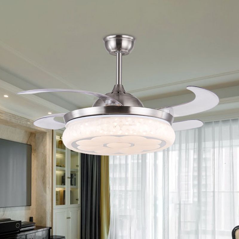 36"/42" W Acrylic Flower Semi Mount Lighting Modern LED Living Room Hanging Fan Light in Silver with 4 Clear Blades, Remote Control/Frequency Conversion and Remote Control