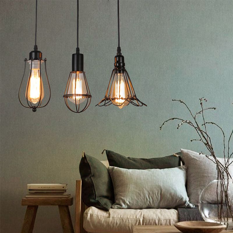 3 Lights Cage Drop Ceiling Light Farmhouse Black Metallic Mini Pendant Lamp with Linear Canopy