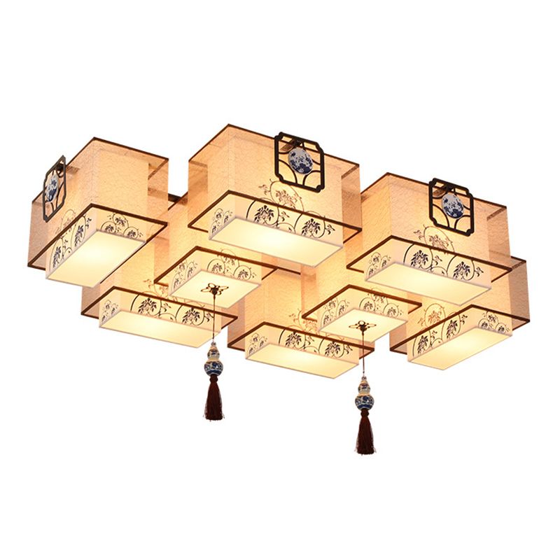 Beige Geometric Semi Flush Mount in Traditional Simplicity Wrought Iron Ceiling Light with Fabric Shade