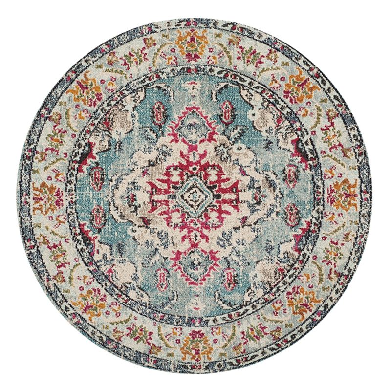 Round Yellow Tone Traditional Indoor Rug Polyester Ethnic Print Rug Non-Slip Backing Indoor Rug for Living Room