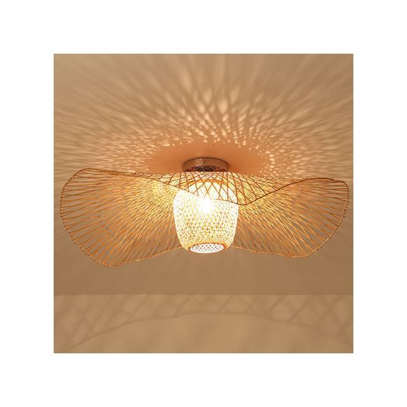 1-Light Bamboo Semi Flush Mount in Asian Creative Style Wrought Iron Sputnik Ceiling Light for Dining Room