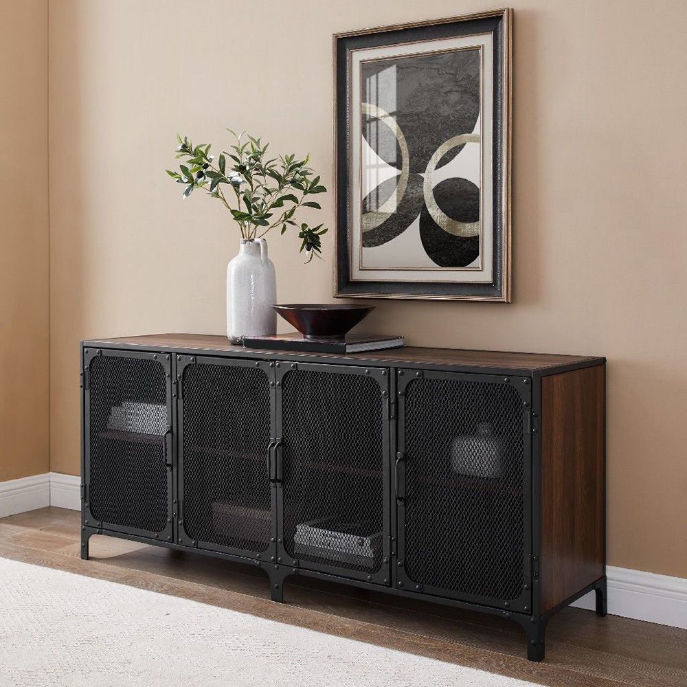 Industrial Wood TV Stand Enclosed Storage TV Media Console with Legs for Living Room