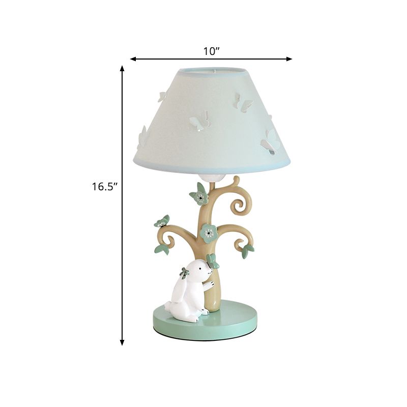 Cone Shade Fabric Nightstand Light Cartoon 1 Head Blue Table Lamp with Tree Base and Rabbit Decor