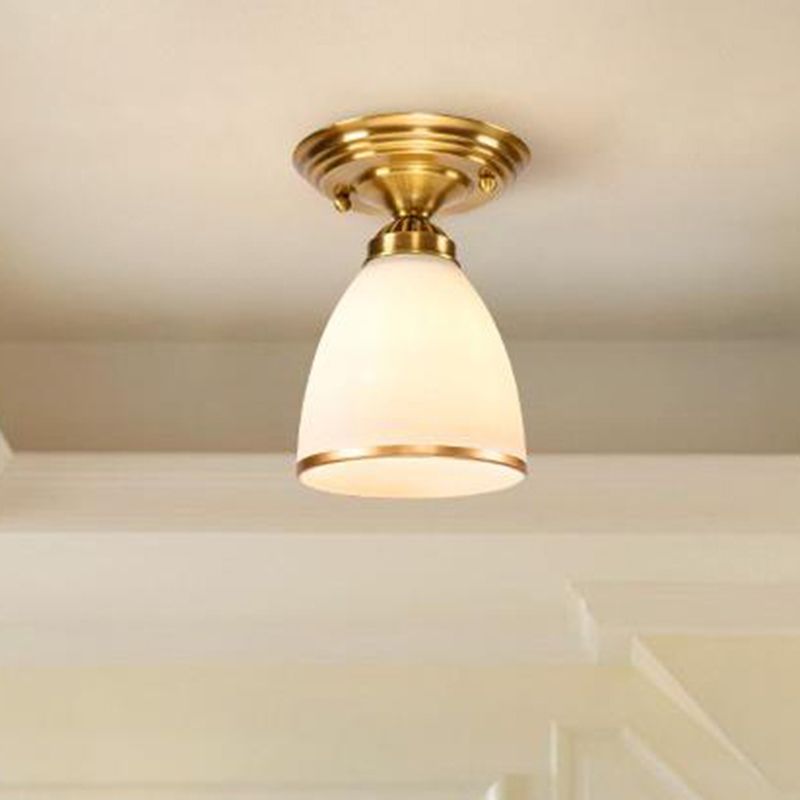 Globe / Cone White Glass Flush Mount Lamp Classic 1 Light Corridor Ceiling Lighting in Brass