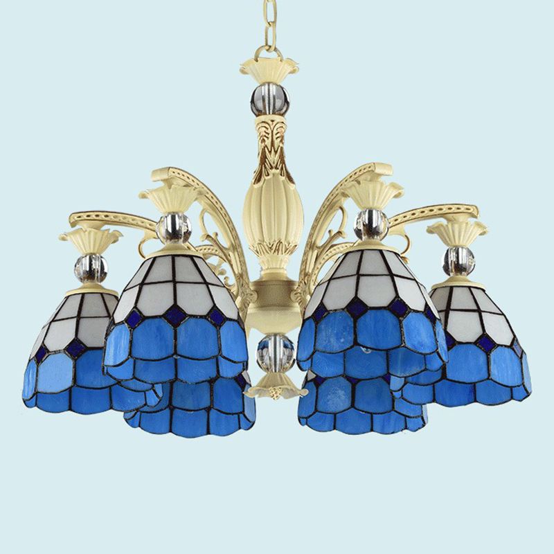 Lattice Motif Tiffany Chandelier with Stained Glass Shade Living Room Restaurant Hanging Pendant Lamp with Crystal Ball Embellishment