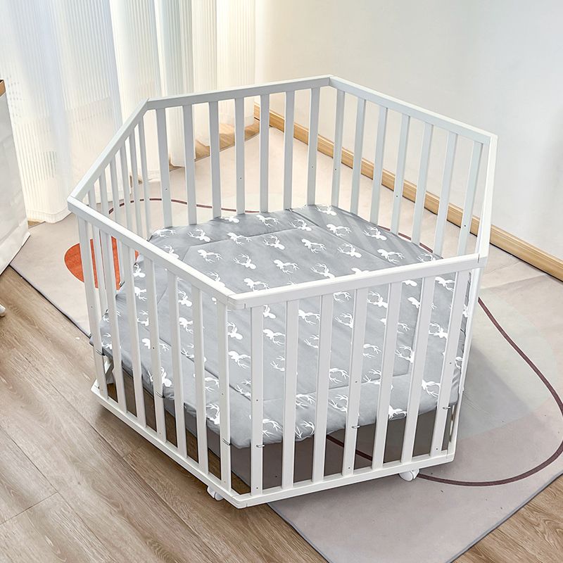 Hexagon White Crib Solid Wood 4-In-1 Convertible Crib with Casters