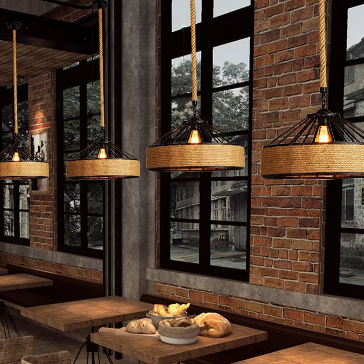 1-Light Cylinder Shade Pendant Lamp, Contemporary Industrial Natural Rope Hanging Light