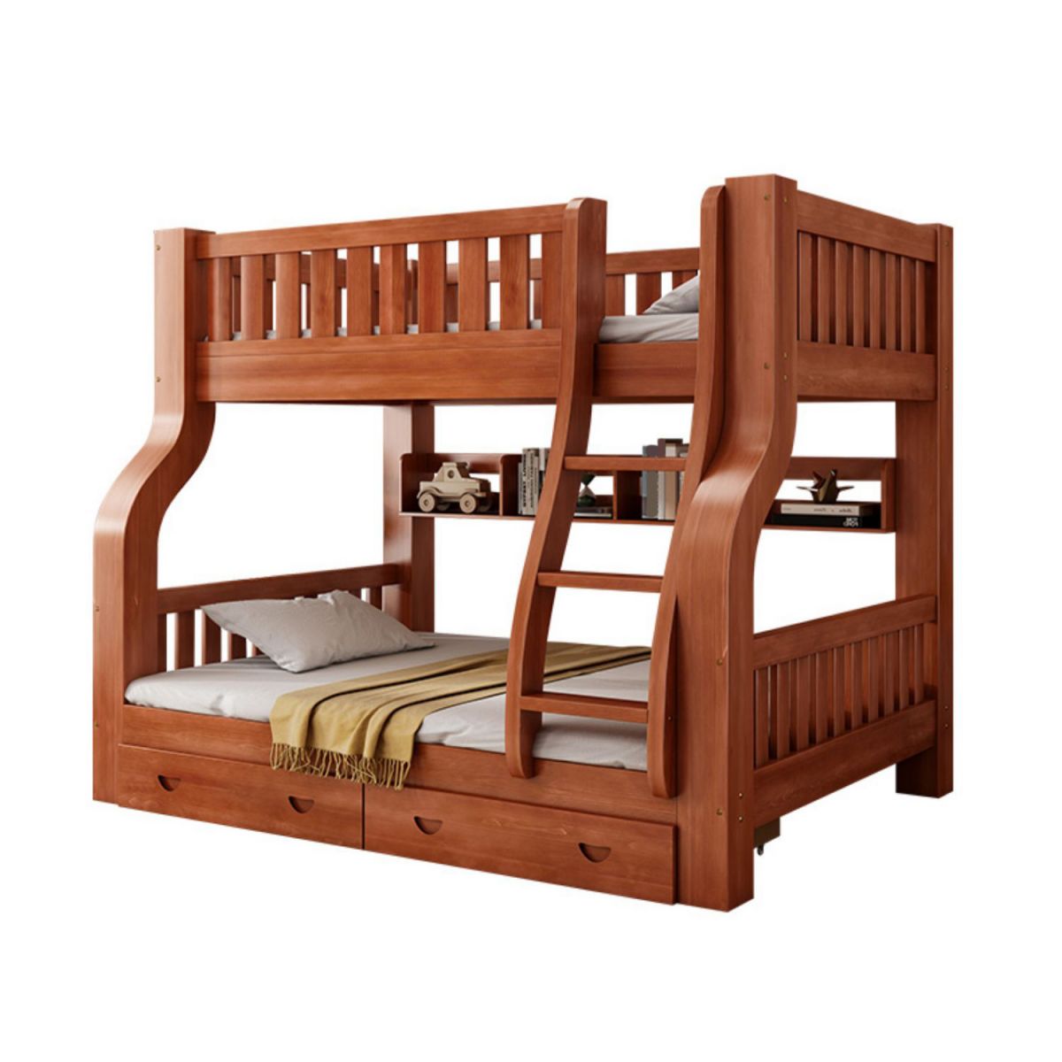 Mid-Century Modern Kids Bed Storage Solid Wood Bunk Bed with Guardrail